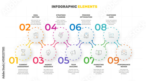 Modern and simple flat vector illustration. Infographic template with nine circles, elements, sectors and percentages. Designed for business, presentations, web design, interface 9 step diagrams