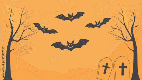 Halloween scene featuring bats flying over tombstones and bare trees on an orange background theme