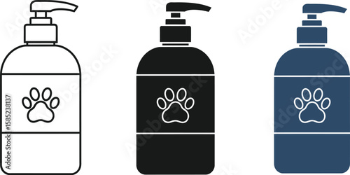 Pet shampoo bottles line up displaying paw prints, a veterinary healthcare supply ready for hygiene and grooming uses.