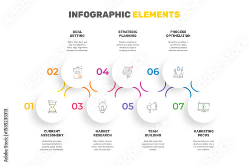 Vector line template circle infographics. Business concept with 7 options and labels. Seven steps for diagrams, flowchart, timeline
