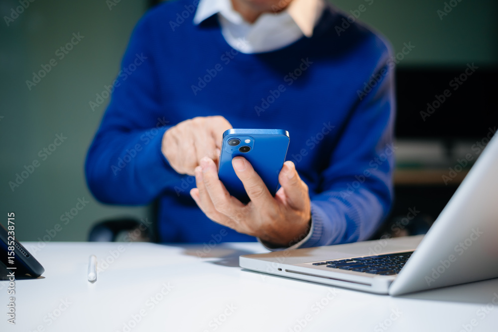 Fototapeta premium man Account Manager Working at Table with New Business Project. Typing keyboard,Using Contemporary Laptop.