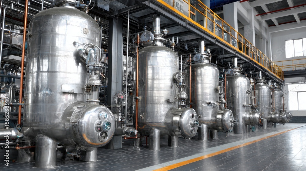 Fototapeta premium Stainless steel chemical reactors used in petroleum refining process