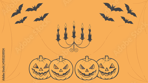 Halloween themed image with bats, pumpkins, chandelier and spiderwebs on an orange background