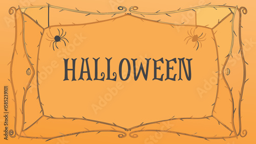 Halloween themed image with spiders and thorny frame on an orange background for spooky season design