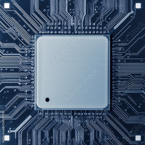 A close-up view of a sleek computer processor mounted on a complex electronic circuit board, showcasing intricate pathways and components surrounding it.