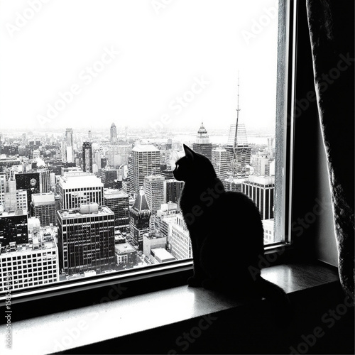 A cat silhouette sits on a windowsill overlooking a sprawling cityscape in black and white tones