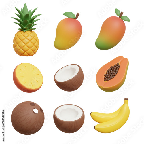 A collection of tropical fruits including pineapple mango coconut papaya and bananas in a still life