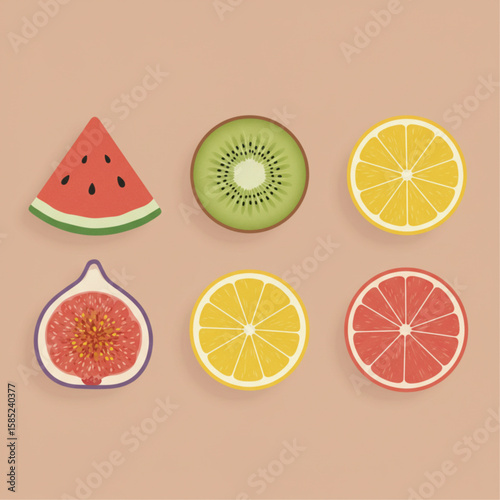 A collection of six fruit slices including watermelon kiwi lemon fig and grapefruit on a light brown background