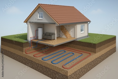 geothermal home system. Cutaway view of a house showing an underground geothermal heating and cooling system with piping loops beneath the ground.