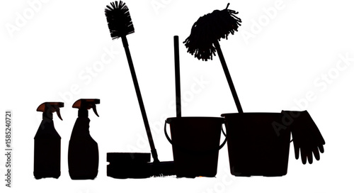 Silhouette of cleaning supplies including spray bottles brushes mops buckets and gloves on white background