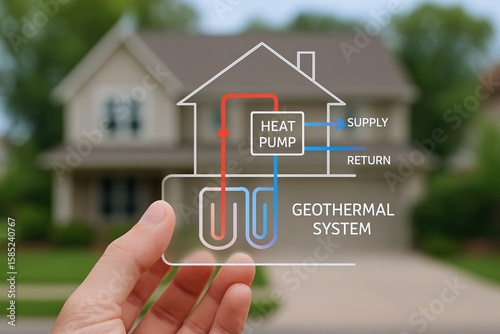 geothermal home system. A hand holds a transparent house-shaped diagram illustrating a geothermal heat pump system with supply and return pipes.