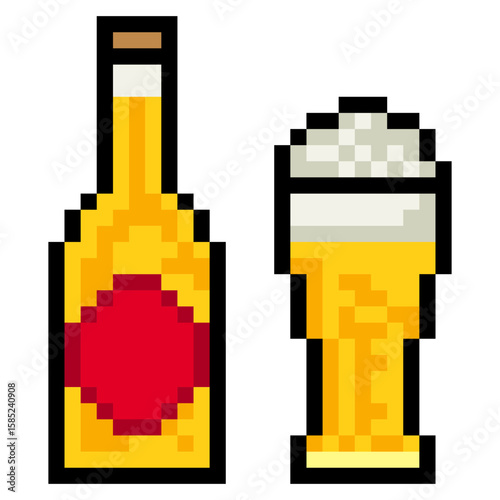 Beer bottle and beer glass in pixel art isolated on white background
