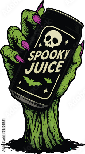 Zombie Hand Holding Spooky Juice Can Vector Illustration