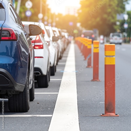 Wallpaper Mural A row of diverse cars, including sedans and SUVs, parked neatly along a tree-lined street, with vibrant autumn leaves scattered on the pavement. Torontodigital.ca