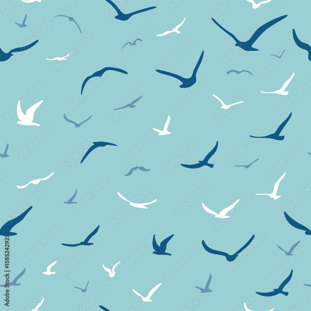 Obraz premium Flock of flying silhouette birds. Birds seamless pattern. White seagulls on a blue background. Vector
