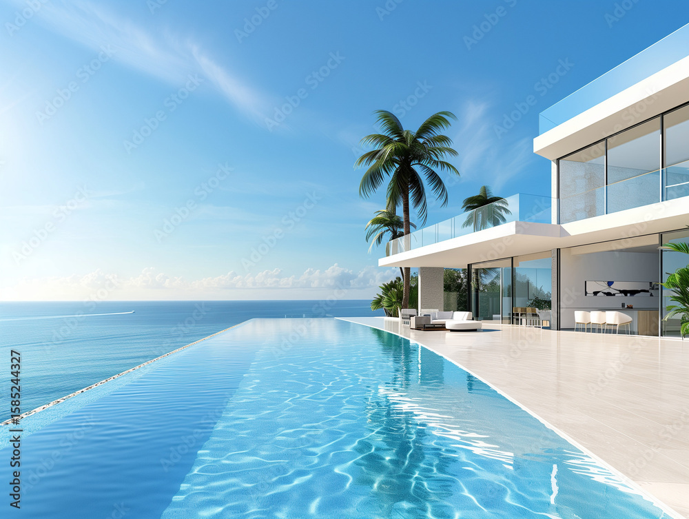 Fototapeta premium modern luxury villa with infinity pool overlooking ocean, palm trees, bright sunny day