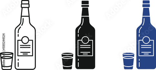 Artistic illustration displays liquor bottle and shot glass in various line art and solid fill styles for a creative visual.