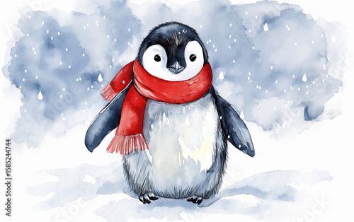 Watercolor illustration of a cute baby penguin with red scarf standing in snow. Adorable bird on snowy background. Children book art.
