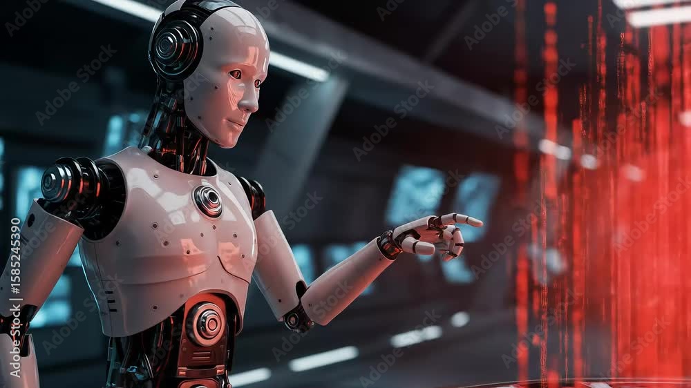 A futuristic robot interacts with a holographic display in a high-tech environment, showcasing advanced technology and data visualization in a sleek, modern setting