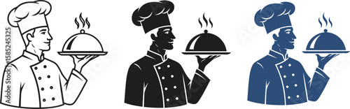 Vector set featuring a chef holding a platter with food, presented in three distinct styles for design flexibility and culinary themes.