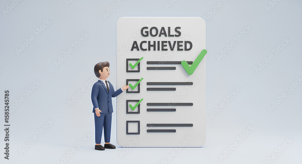 Fototapeta premium 3D businessperson standing beside checklist marked goals achieved, success confirmation concept, corporate achievement, personal accomplishment, career milestone, office productivity illustration