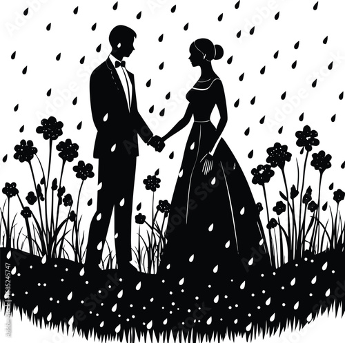 Romantic Couple Silhouette in Rain – Love, Wedding, Romance Vector Illustration


