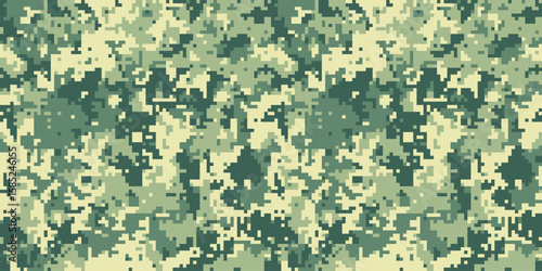 Abstract digital camouflage pattern. Seamless texture in muted greens and beige. Ideal for backgrounds, textile design, military or outdoor themes.  Suggests concealment, strategy, and nature.