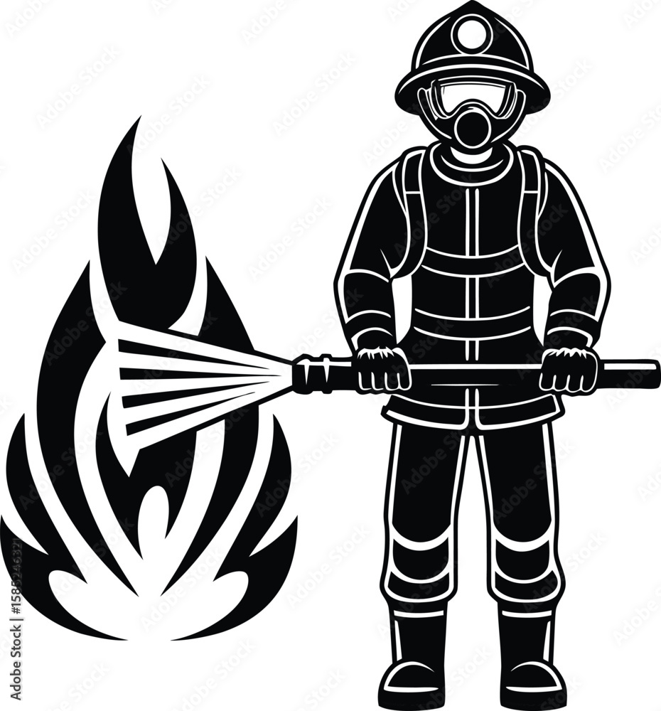 Obraz premium Stylized black and white illustration of a firefighter in full protective gear holding a hose and spraying water onto a tribal flame design isolated on transparent background