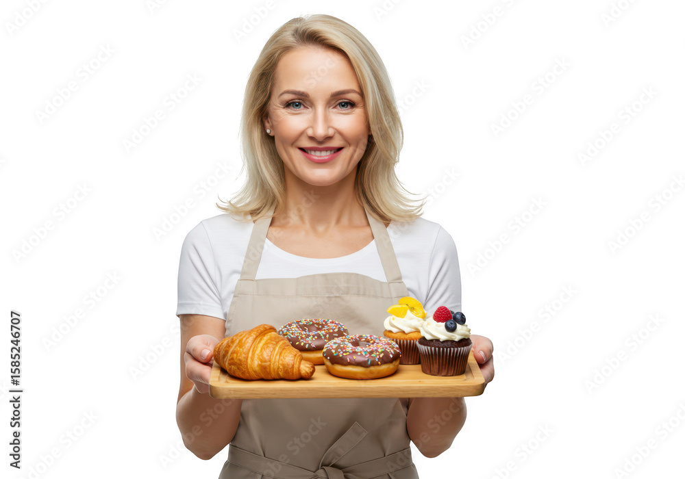 A smiling middleaged woman wearing an apron holds a tray of assorted pastries, including a croissant, donuts, and cupcakes isolated on transparent background A smiling middleaged woman wearing an apron holds a tray of assorted pastries, including a croissant, donuts, and cupcakes isolated on transparent background