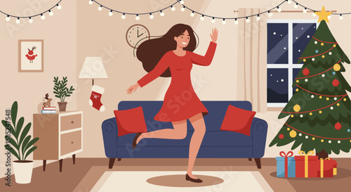 Cheerful Woman Dancing to Christmas Carols in Festive Living Room