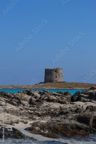 Fototapeta Naklejka Na Ścianę i Meble -  Caletta della Torre beautiful view of ruined tower on la pelosa beach sardinia italy