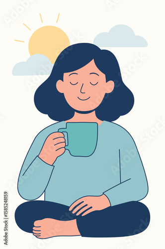 Woman with coffee, sun and clouds, peacful state of mind illustration