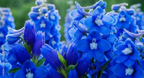 Vibrant blue delphinium flowers covered in dewdrops, blooming in a lush garden with soft, diffused lighting.