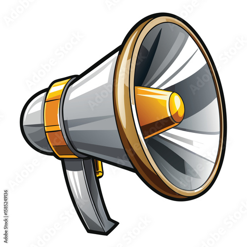 Stylized cartoon megaphone with metallic silver and gold accents isolated on white background