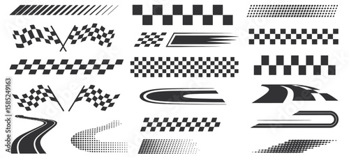 Racing Stripe Vector Set Featuring Race Car Graphics, Checkered Flag Designs, Speed Decals, Dynamic Lines, and Black-and-White Finish Line Patterns Perfect for Motorsport and Automotive Competition

