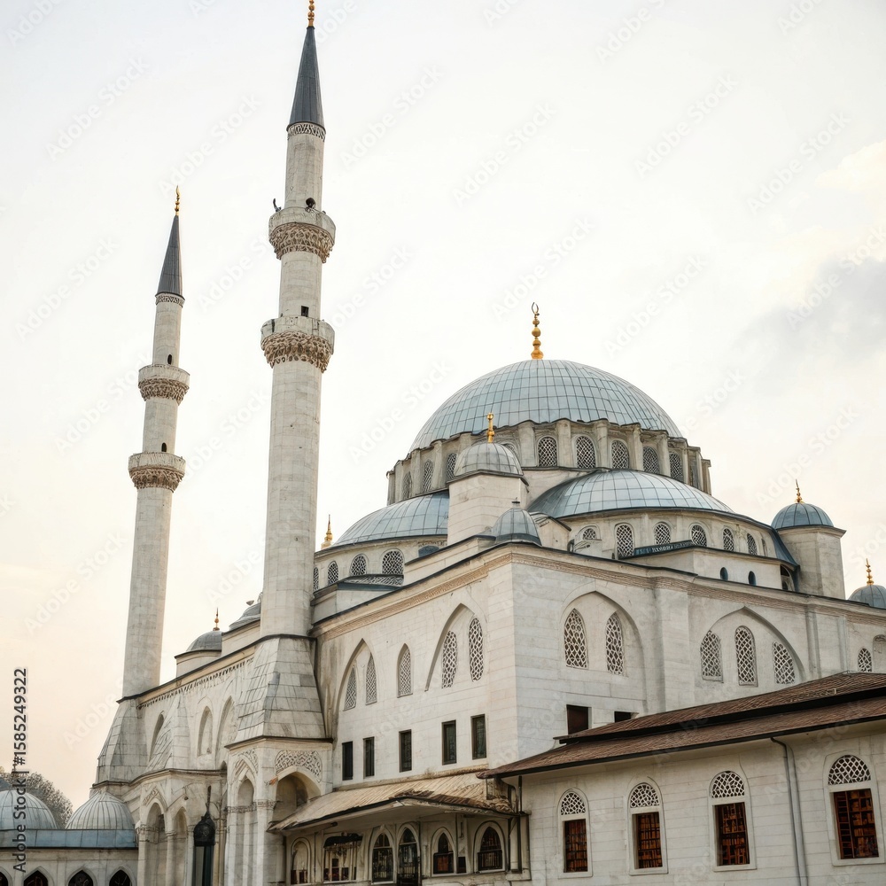 Obraz premium Majestic white mosque with towering minarets and a grand blue dome