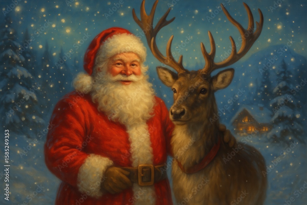 Fototapeta premium Illustrated Santa and reindeer stand foreground amid glowing lights, falling snow, and hint of a cabin, detailed colors and nostalgic warmth fill the scene. 