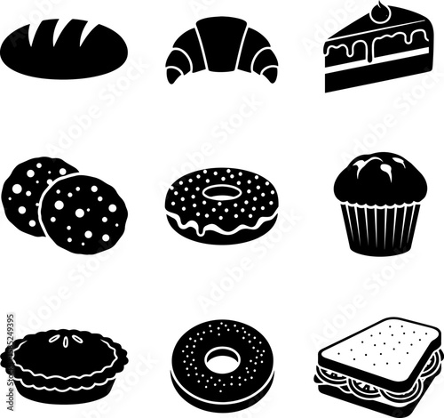Delightful bakery icon set showcases tasty treats like cakes, bread, croissants, and other sweet baked goods, transparent background