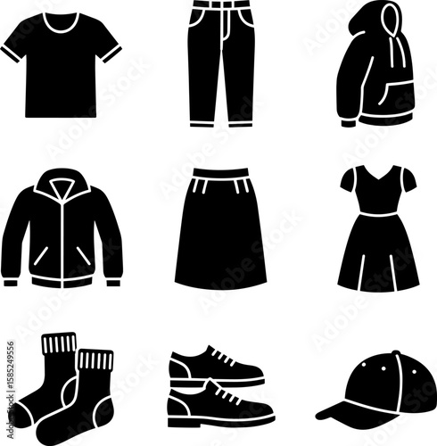 Clothing icon set displays apparel symbols for fashion designs and garment related graphical user interfaces, transparent background