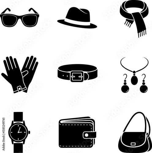 Explore a collection of stylish fashion accessories icons perfect for enhancing your design projects and presentations, transparent background