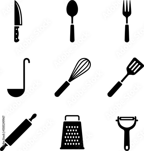 Discover a complete kitchen utensils icon set for culinary designs and recipe illustrations, transparent background