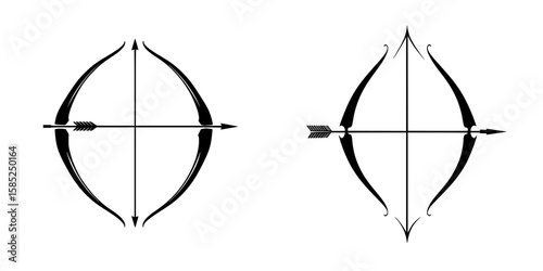 Minimalist black icon depicting two stylized bows and arrows for archery enthusiasts highlighting skill and precision