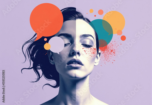 Stylized Portrait with Abstract Shapes and Speech Bubbles