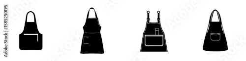 Various black apron designs displayed in a stylish arrangement showcasing different styles and pockets for culinary use