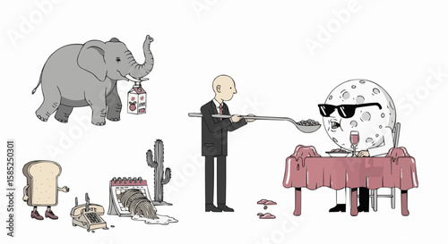 Surreal Vector Illustration of Bald Man Feeding Cereal to the Moon at a Jelly Table – Absurd and Playful Visual Chaos

