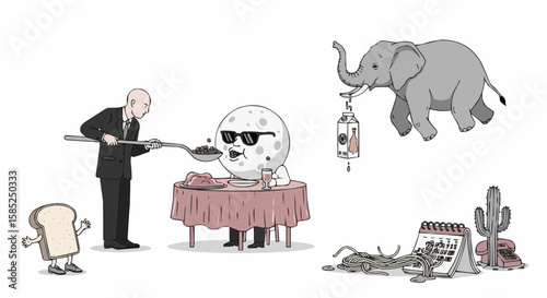 Surreal Vector Illustration of Bald Man Feeding Cereal to the Moon at a Jelly Table – Absurd and Playful Visual Chaos

