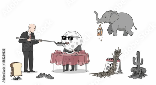 Surreal Vector Illustration of Bald Man Feeding Cereal to the Moon at a Jelly Table – Absurd and Playful Visual Chaos

