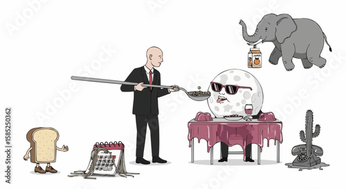 Surreal Vector Illustration of Bald Man Feeding Cereal to the Moon at a Jelly Table – Absurd and Playful Visual Chaos

