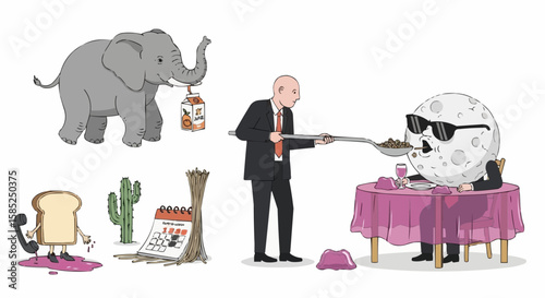 Surreal Vector Illustration of Bald Man Feeding Cereal to the Moon at a Jelly Table – Absurd and Playful Visual Chaos

