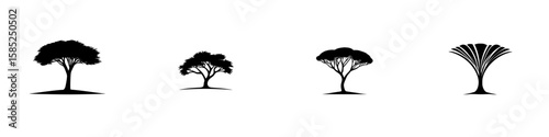 Several variations of black tree icons displayed against a white background showcasing different shapes and sizes